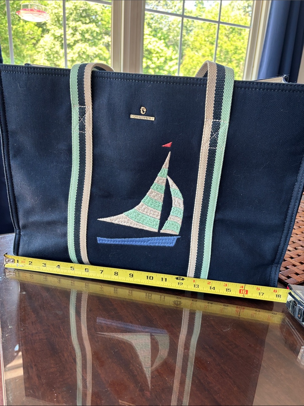Spartina 449 Navy Tote with Mint and Beige Straps and Sailboat Embroidery